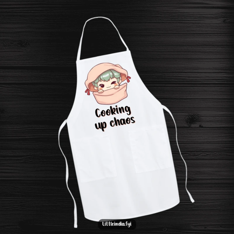 Funny Apron featuring a mischievous character peeking from a colorful market stall, perfect for humorous playful cooking.
