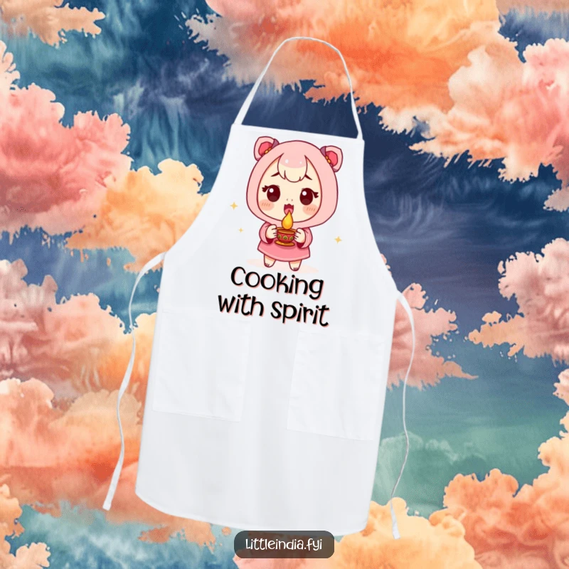 Funny Apron featuring an excited character holding a small diya lamp, perfect for humorous festive cooking.