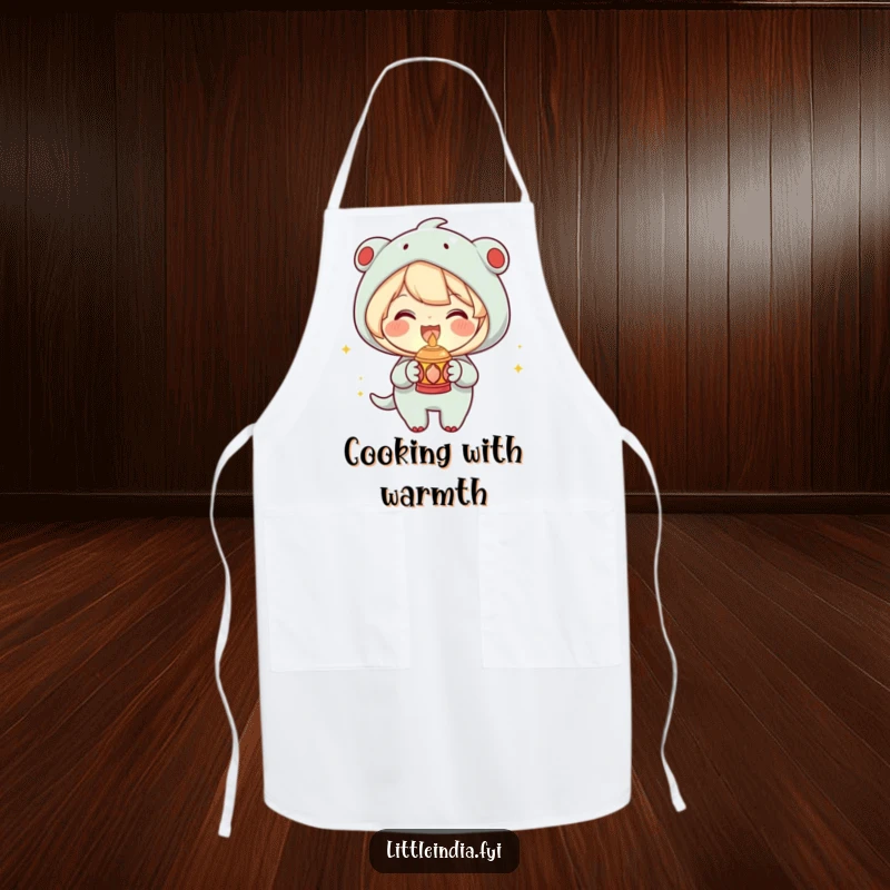 Funny Apron showcasing a joyous character holding a small decorative lamp with a warm glow, perfect for illuminated cooking, a practical funny gift.