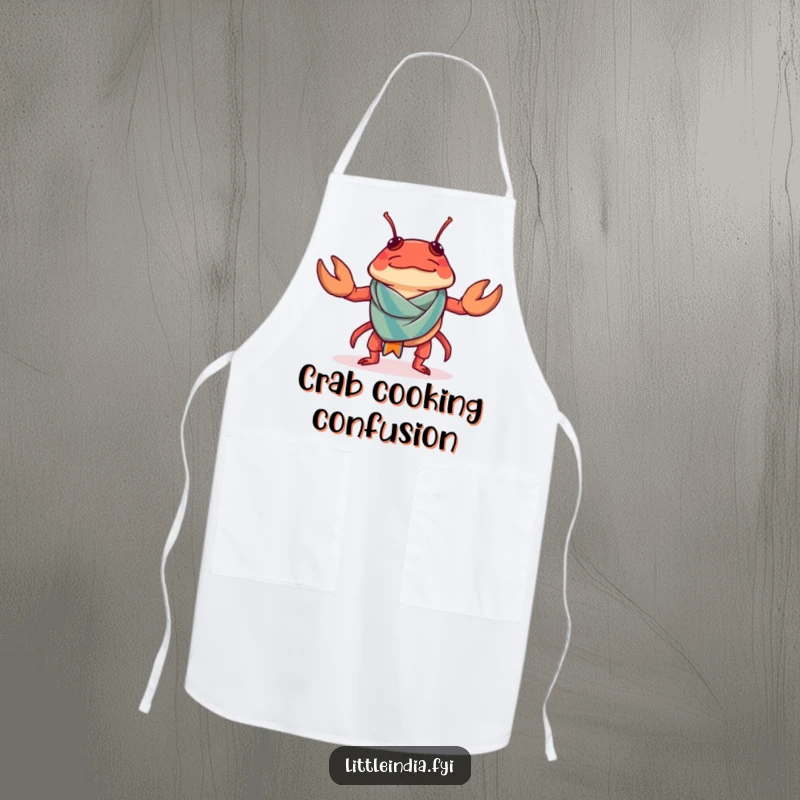 Funny Chilli Crab Apron showing a confused chilli crab trying to wear a tiny sarong while cooking.