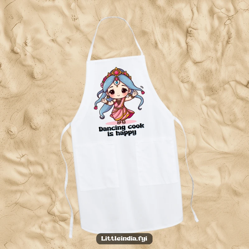 Funny apron showing a character dancing happily in a sari, ideal for the kitchen, adding humor and protection with a lively, artistic design.