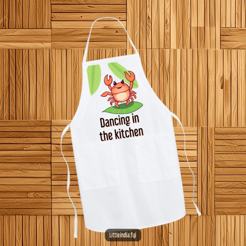 Funny crab character dancing flamboyantly on a banana leaf, printed on a durable kitchen apron.