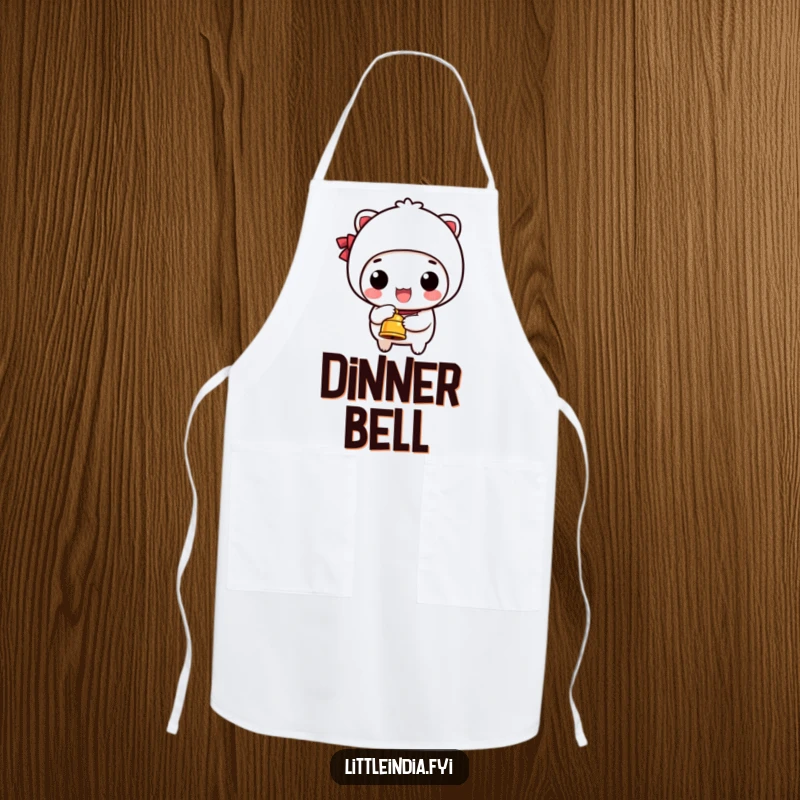 Funny cooking apron adorned with a happy character ringing a small bell, adding humor to culinary tasks.