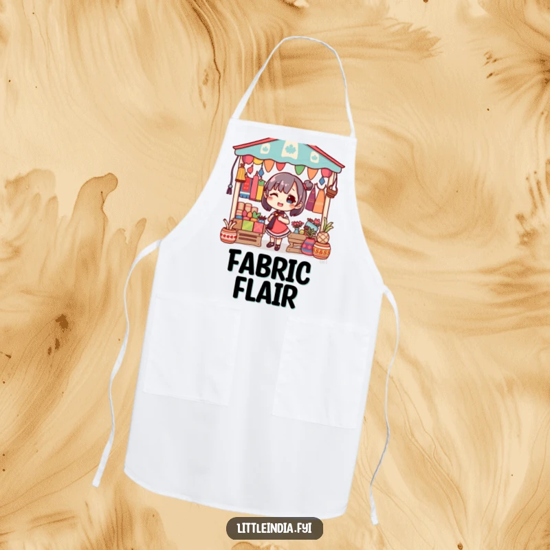 Funny apron featuring a delighted character decorating a market stall with colorful textiles, adding flair to cooking.