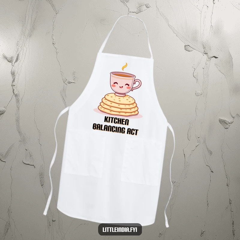 Funny apron showing a cheerful chai cup attempting to balance on a stack of chapati, ready for meal prep.