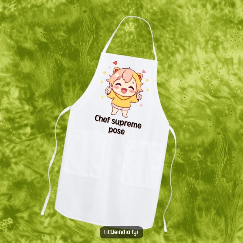 Funny Apron: Cheerful character striking a vibrant, celebratory pose, perfect for adding fun to kitchen activities.