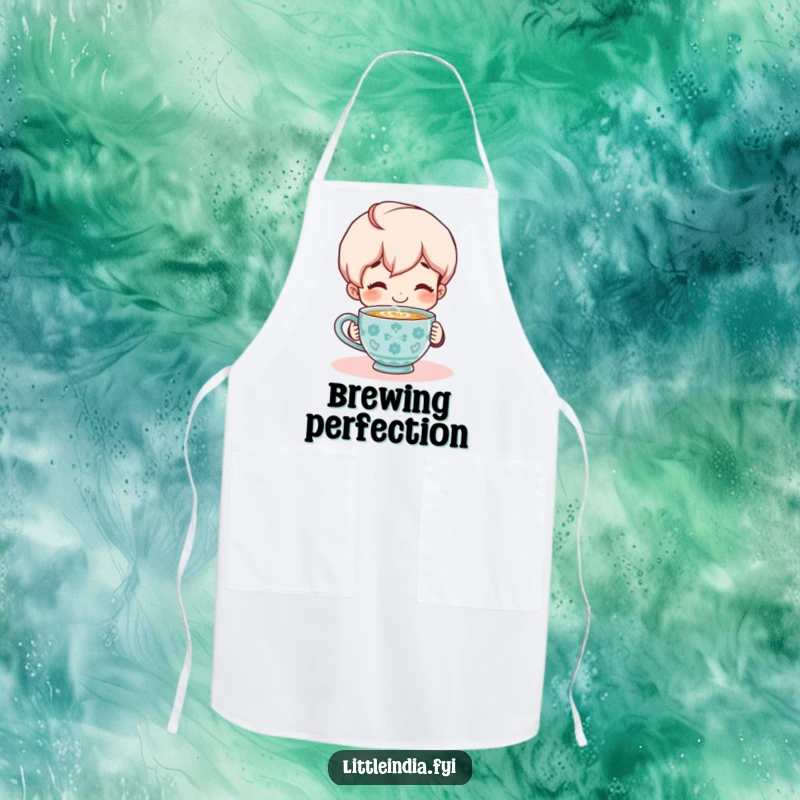 Funny Apron: Smiling character enjoying a steaming cup of chai, perfect for adding a cozy vibe to kitchen tasks.