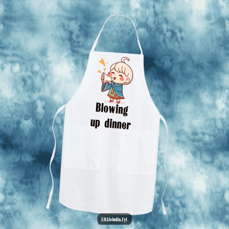 Funny Apron: A character enthusiastically blows a conch shell, ready to cheer on any kitchen creation, adding fun to meal prep.
