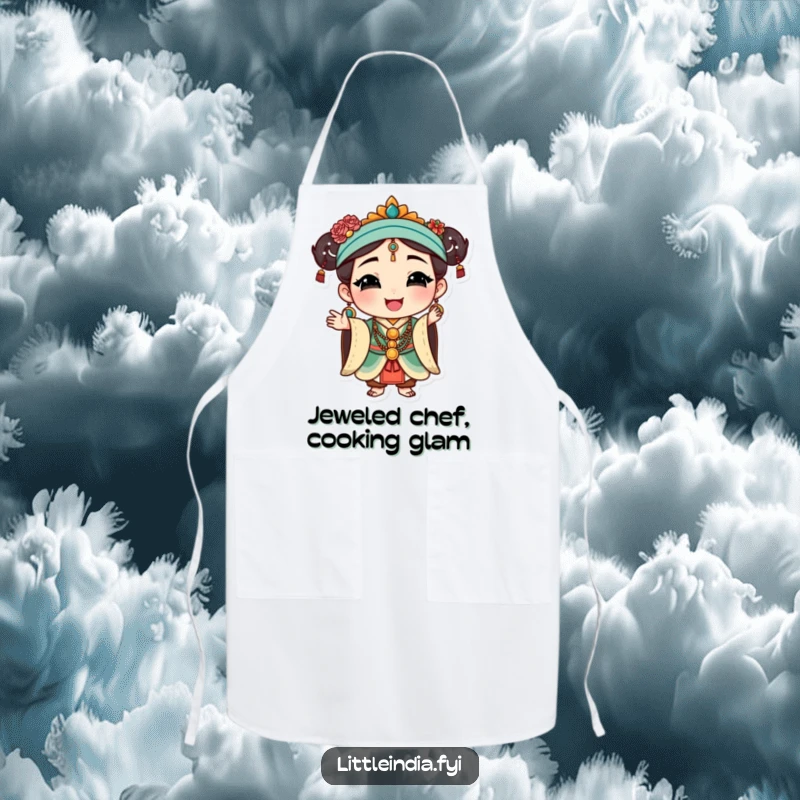 Funny Cultural Apron: Happy character wearing traditional jewelry, striking a graceful pose, adding elegance to kitchen wear.