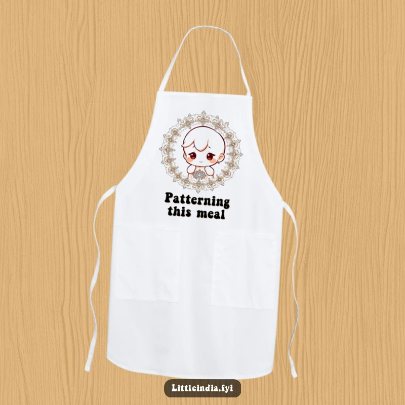 Funny apron depicting a small character with a curious expression, observing intricate patterns, ideal for creative activities.