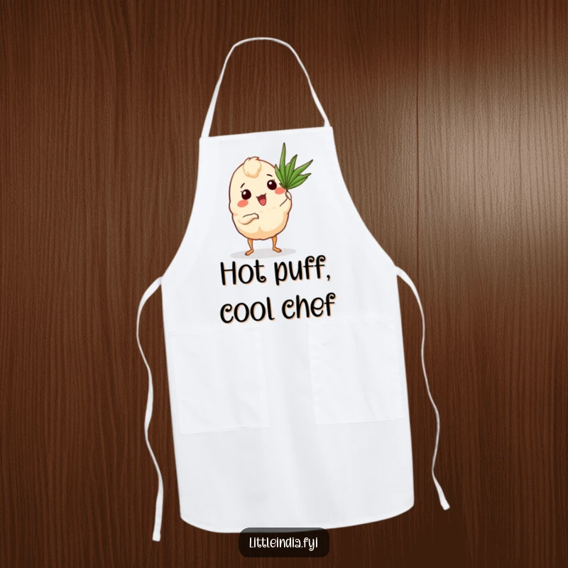 Funny Curry Puff Apron showing a curry puff with tiny legs fanning itself with a palm frond while cooking.