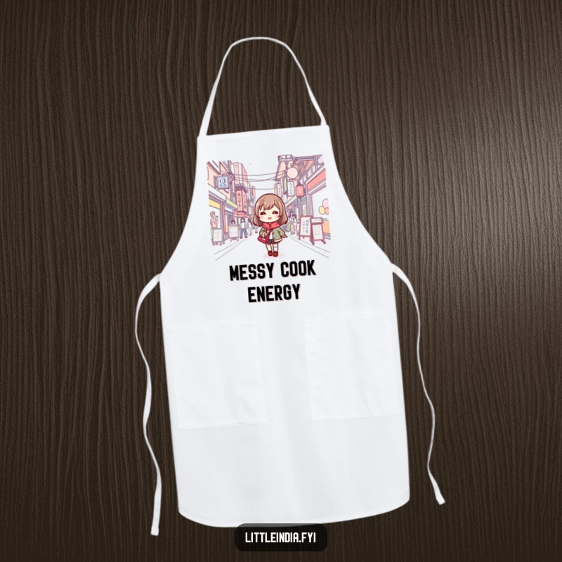 Funny apron with a cute character smiling, navigating kitchen tasks like a busy street, perfect for cooking enthusiasts.