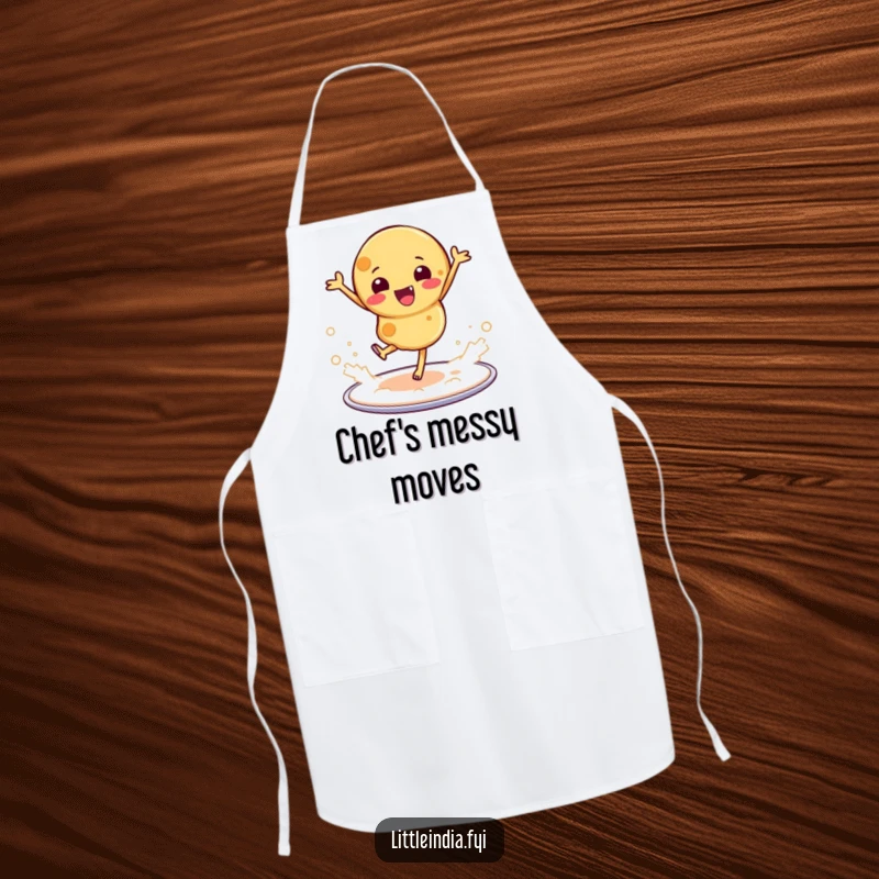 Funny apron showing a roti dancing energetically on a platter, kicking up a cloud of flour.