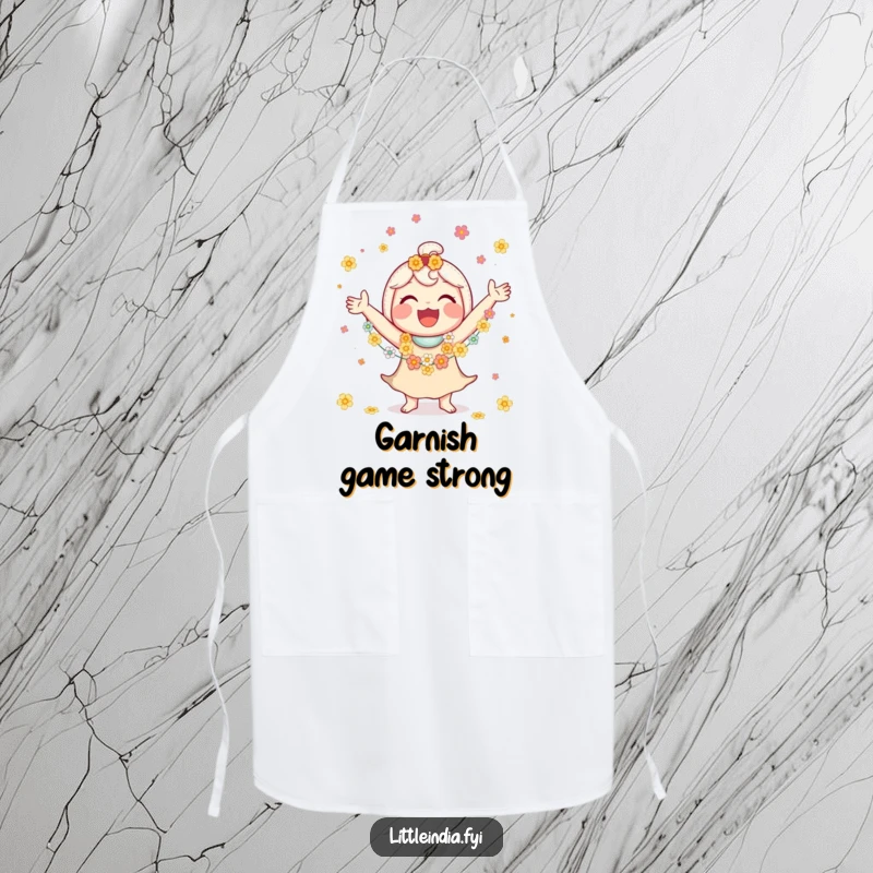 Funny apron featuring a jubilant character juggling small flower garlands with a huge, happy smile, perfect for cooking.