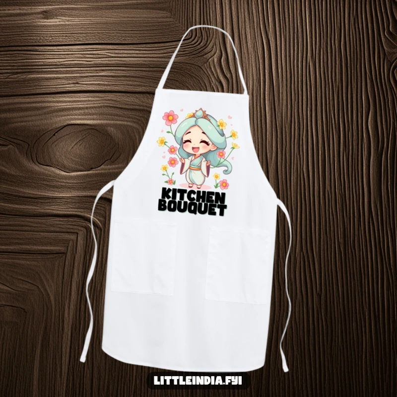 Funny apron featuring a character juggling jasmine flowers, adding a cheerful, floral touch to cooking.