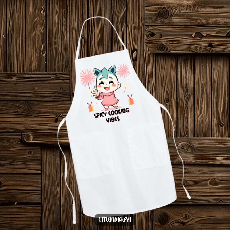 Funny Apron: A smiling character strikes a dynamic pose surrounded by festive firecrackers, ready for kitchen action.