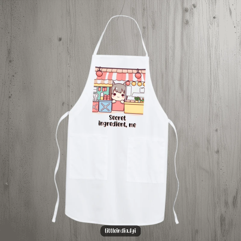 Funny apron with a playful character peeking from colorful market stalls, great for cooking with a smile.