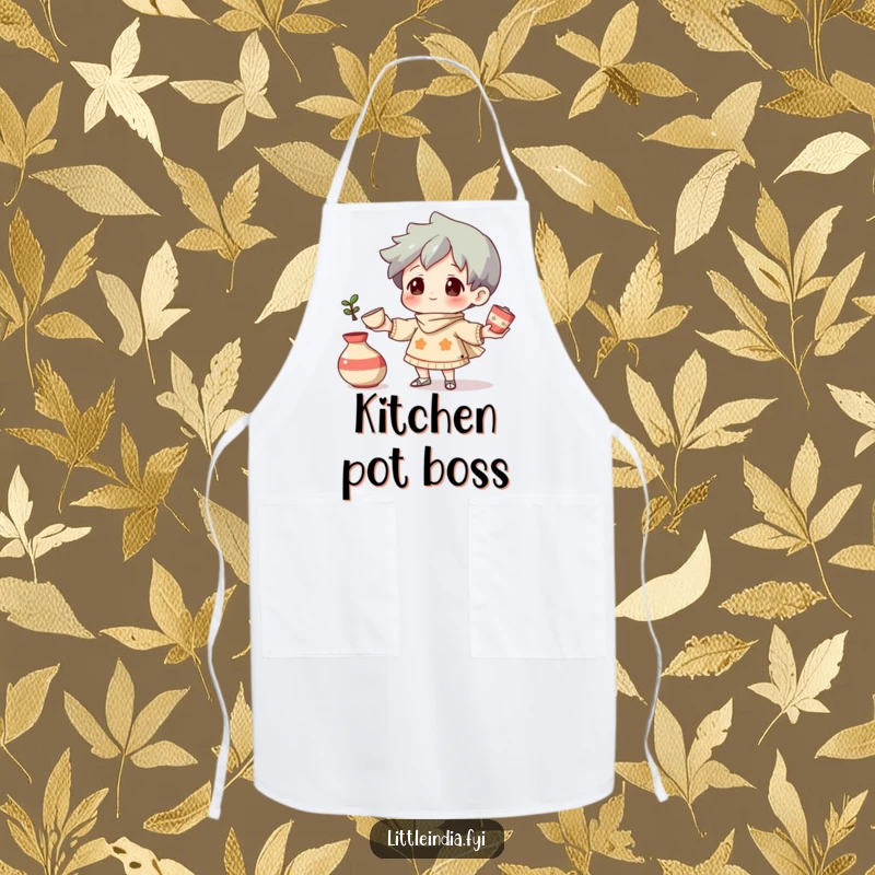 Funny Apron: A curious character juggling small, decorative pottery pieces, adding artistic fun to kitchen tasks.