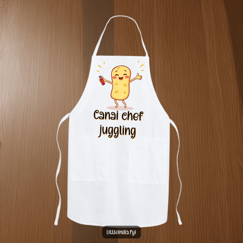 Funny Roti Canai Apron showing a dancing roti canai juggling miniature sambal bottles while cooking.