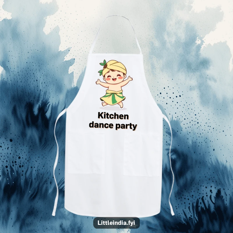 Funny kitchen apron showing a smiling character in a sarong, performing a lively twirl, perfect for a cook with flair.
