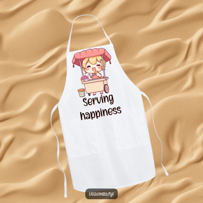 Funny apron with a delighted street vendor character offering a treat, perfect for kitchen tasks and adding a warm, happy vibe to cooking.