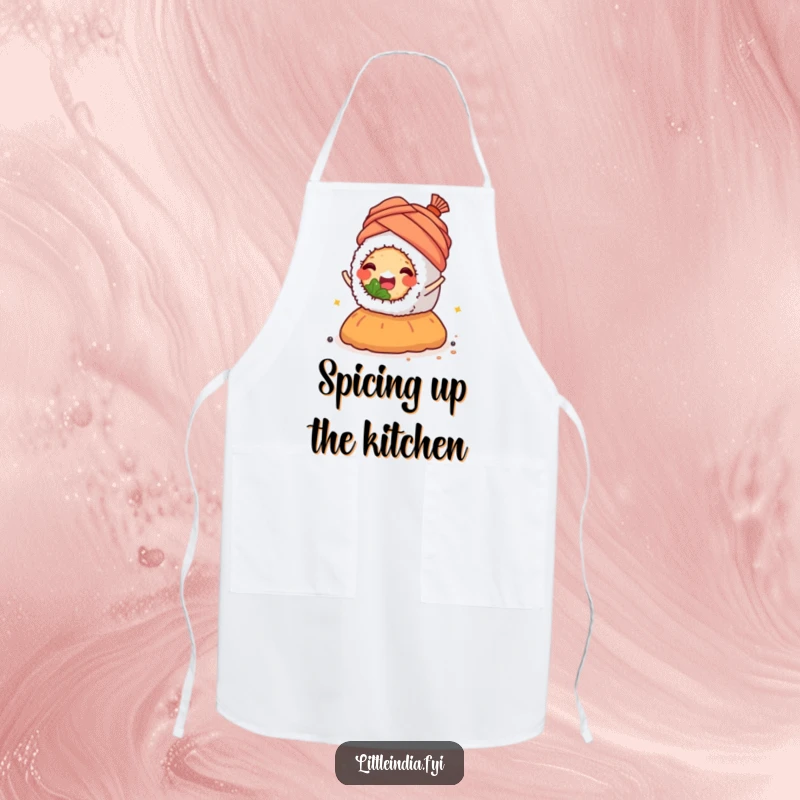 Happy sushi roll wearing a tiny turban, joyfully riding a spice mound, featured on a kitchen apron.