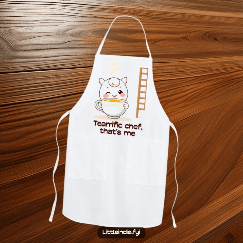 Funny Tea Time Apron: Smiling character offers a cup of tea, adding a warm and humorous touch to kitchen wear.