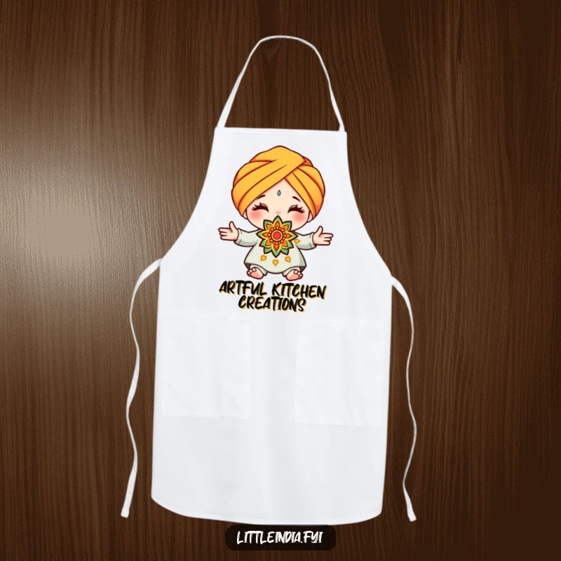 Funny turban rangoli apron depicting a cute character in a turban, presenting a decorative rangoli pattern while adding charm to the kitchen.