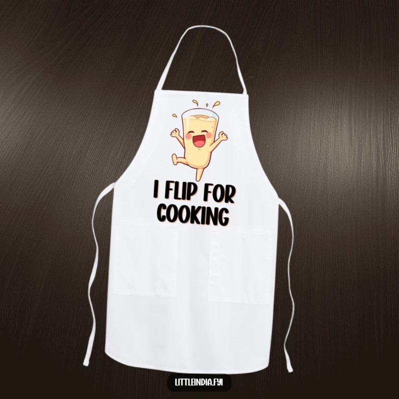 Funny Teh Tarik Apron showing a laughing glass mid-somersault, designed for kitchen use with a humorous and entertaining theme.