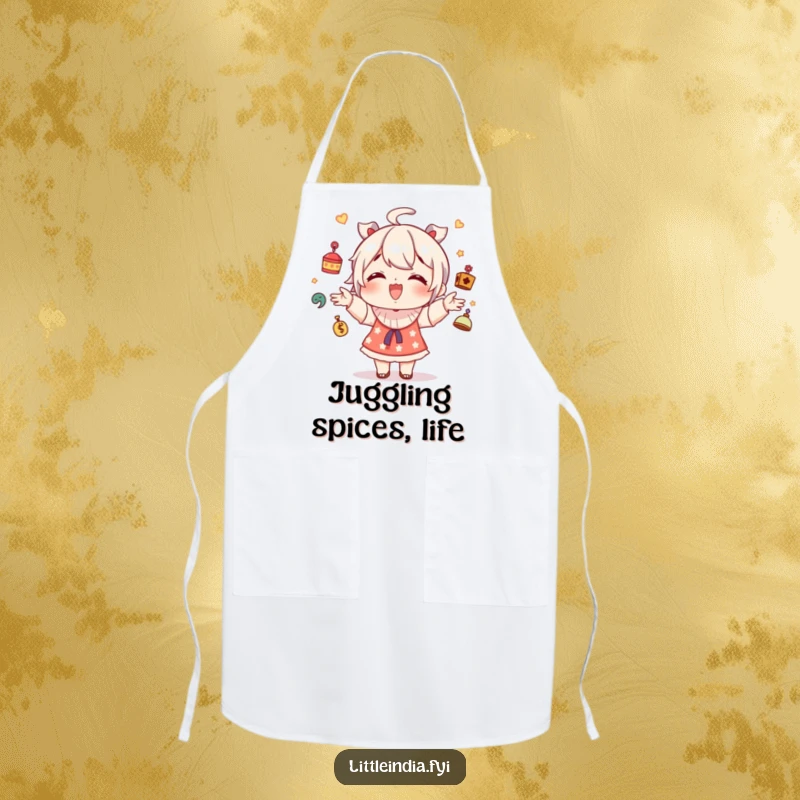 Funny apron with a giggling character juggling small decorative trinkets, perfect for cooking with fun and humor.