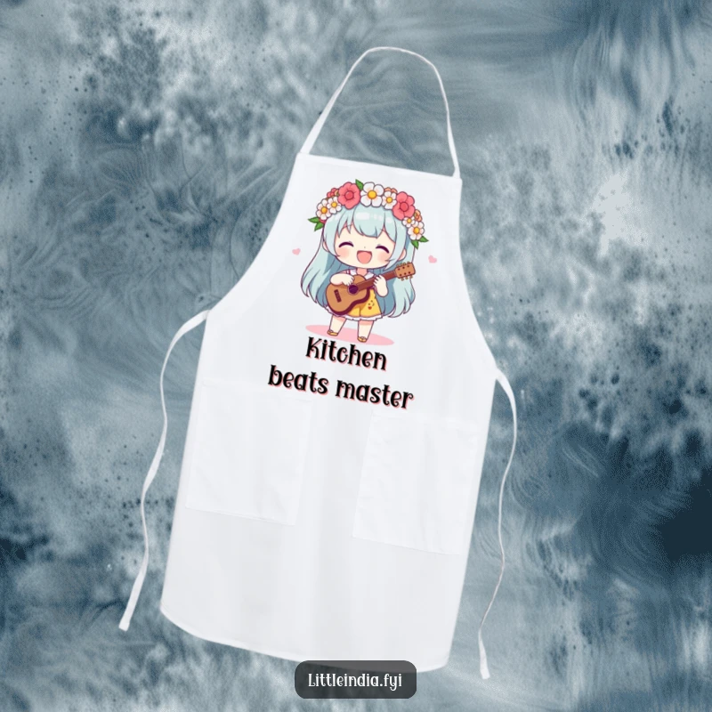 Funny Apron: A delighted character with a flower garland plays music while donning a chef's hat, ready to cook.