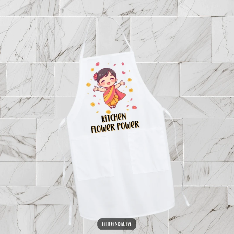 Funny Apron showing a character in a colorful sari joyfully scattering flower petals, perfect for a festive cooking.