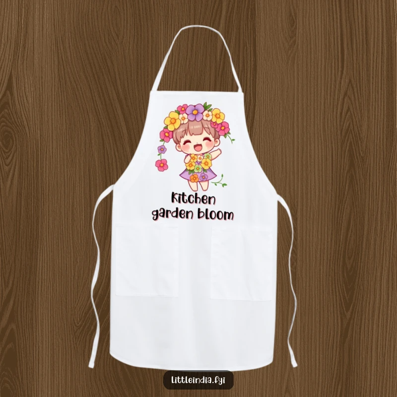 Funny kitchen apron featuring a character wearing a flower garland, happily swaying, perfect for a cook who loves natural beauty.