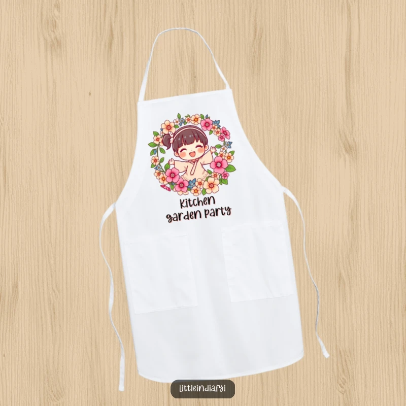 Funny Apron illustrated with a joyful character spinning a garland of fragrant flowers, perfect for cooks who love beauty and a touch of whimsy.