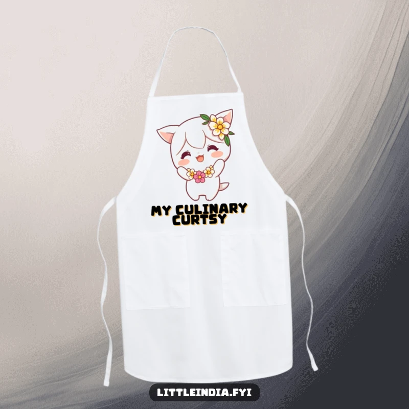 Funny Apron: Cheerful character in a flower garland performs a playful bow, adding a touch of whimsical charm to any kitchen task. Excellent funny gift.