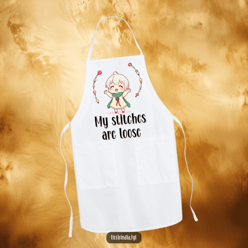 Funny apron depicting a character comically trying to juggle decorative strings of beads while cooking, a humorous kitchen protector.