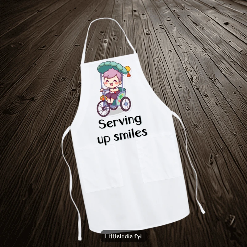 Funny apron showing a character with a wide, playful grin, riding a decorated rickshaw, perfect for kitchen fun.