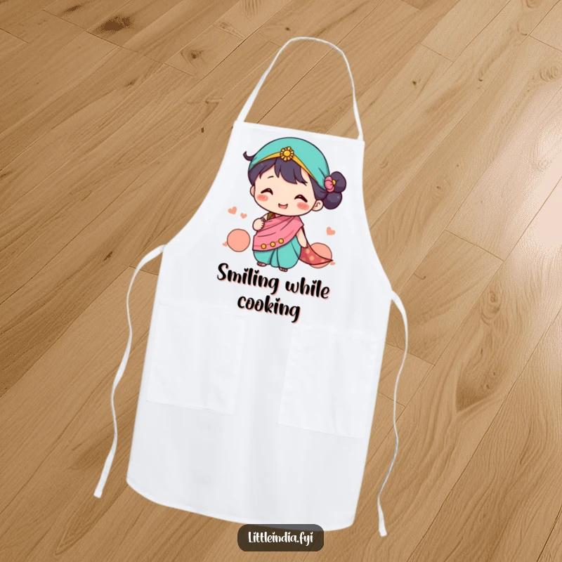 Funny Apron showcasing a cute character in a tiny sari happily exchanging smiles, perfect for kitchen joy, a practical funny gift.