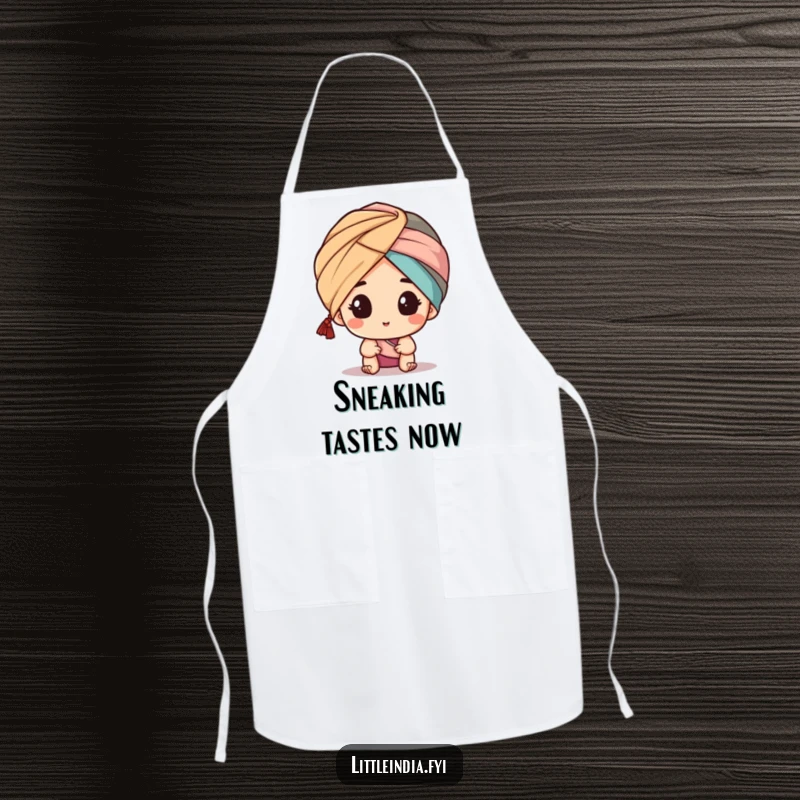 Funny apron featuring a character peeking from a turban, adding a humorous and slightly mischievous element to kitchen tasks, practical and stylish.