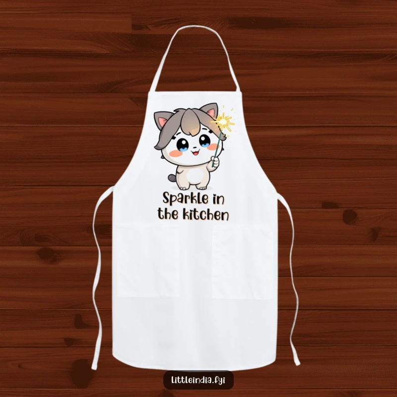 Funny Apron: A happy character with sparkling eyes holds a playful sparkler, ready for festive kitchen celebrations.