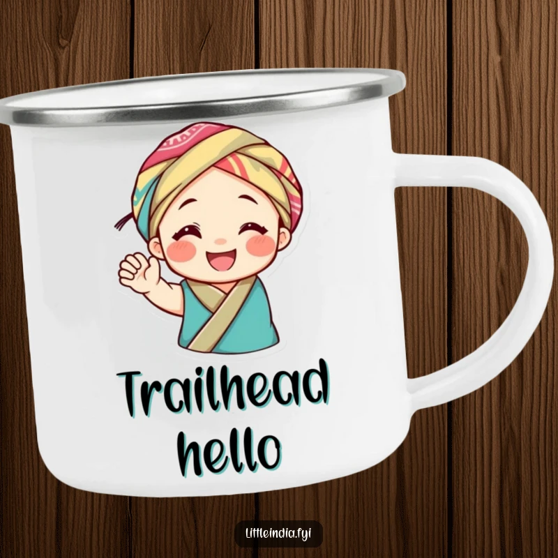 Funny camping mug with a smiling character in a colorful headwrap, waving joyfully, ideal for enjoying beverages outdoors with a cheerful twist.