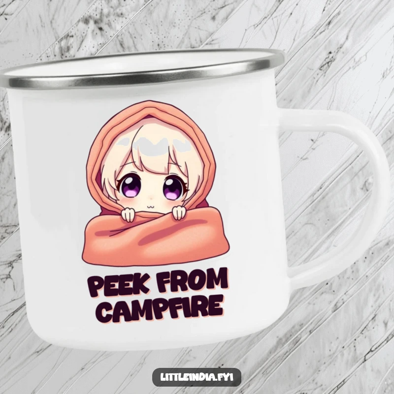 Funny camping mug with a delighted character peeking from behind a vibrant textile, ideal for enjoying beverages outdoors with a humorous twist.
