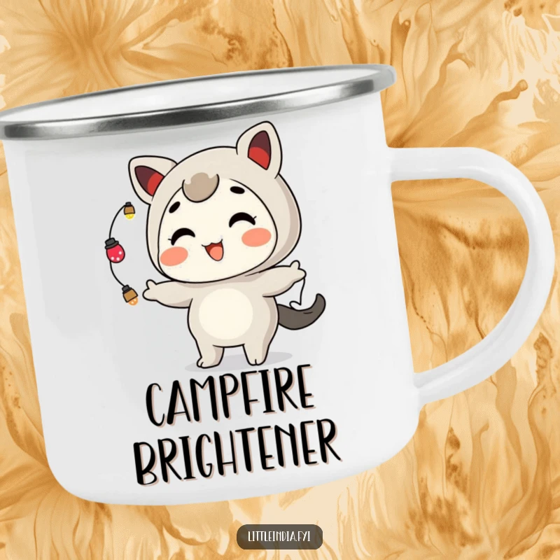 Funny Camping Mug: A playful character joyfully juggles bright ornamental lights, perfect for campfire evenings.