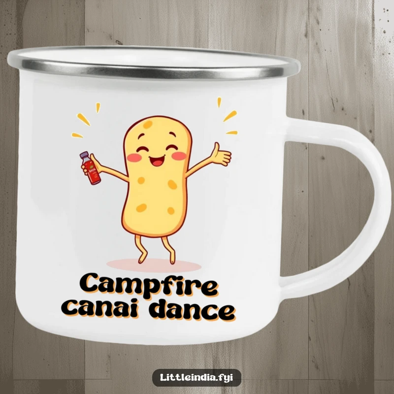 Funny Roti Canai Camping Mug showing a dancing roti canai juggling miniature sambal bottles by a campfire.
