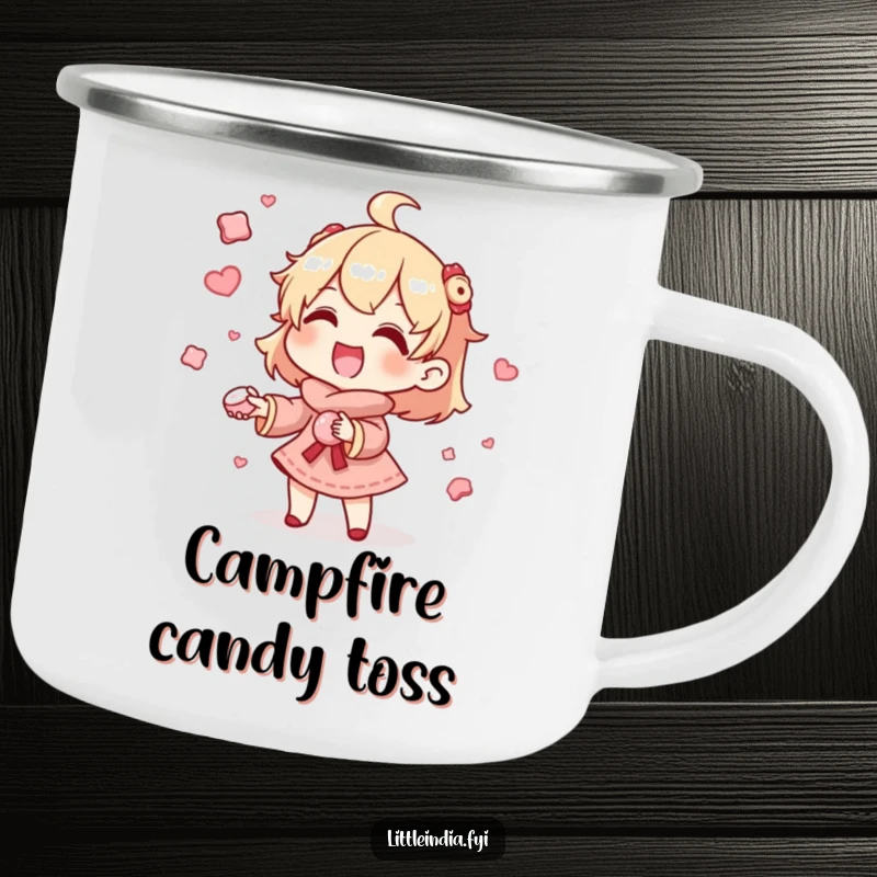 Funny Camping Mug: Gleeful character skillfully juggles tiny sweets, ideal for outdoor enthusiasts seeking a sweet and humorous companion. Great funny gift.