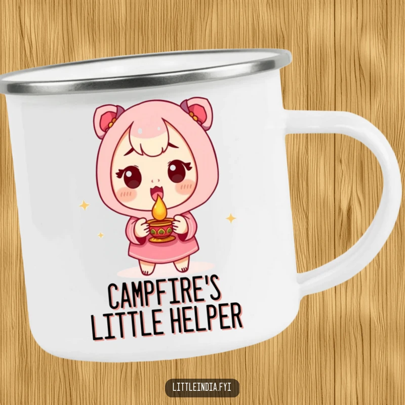 Funny Camping Mug showing an excited character holding a small diya lamp, perfect for humorous festive camping.
