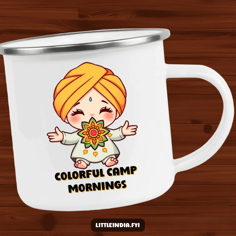 Funny turban rangoli camping mug with a cute character in a turban, offering a decorative rangoli pattern, perfect for rustic enjoyment.