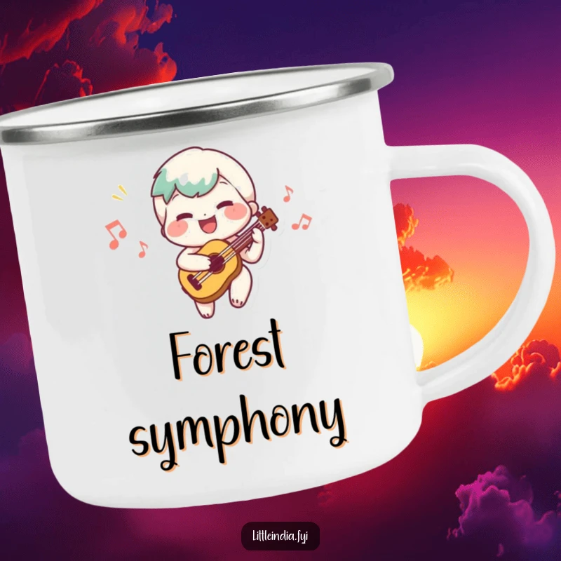 Funny camping mug showing a cheerful character playing a small instrument, creating a happy tune in nature.