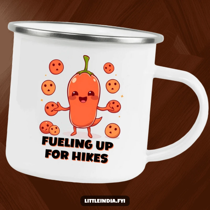 Funny chili pepper character juggling idlis on a durable camping mug, ideal for outdoor enthusiasts.