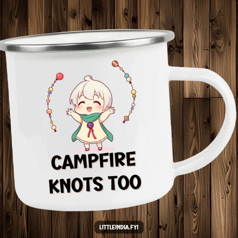 Funny camping mug showcasing a character comically attempting to juggle decorative bead strings during an outdoor adventure.